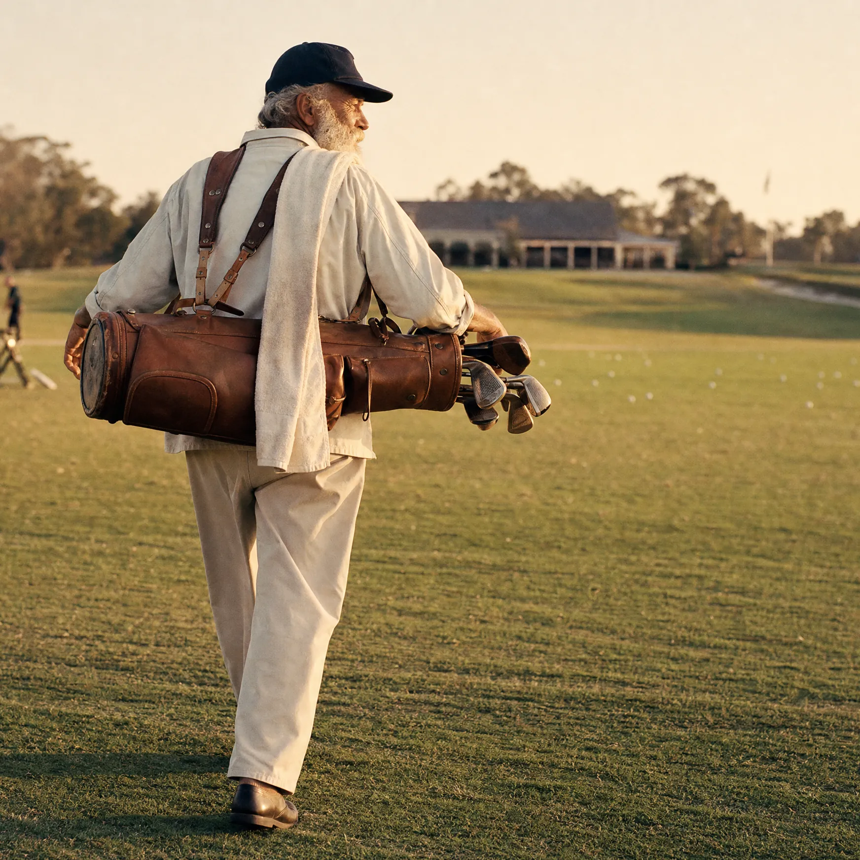 A caddie walking out across the practice ground in the evening